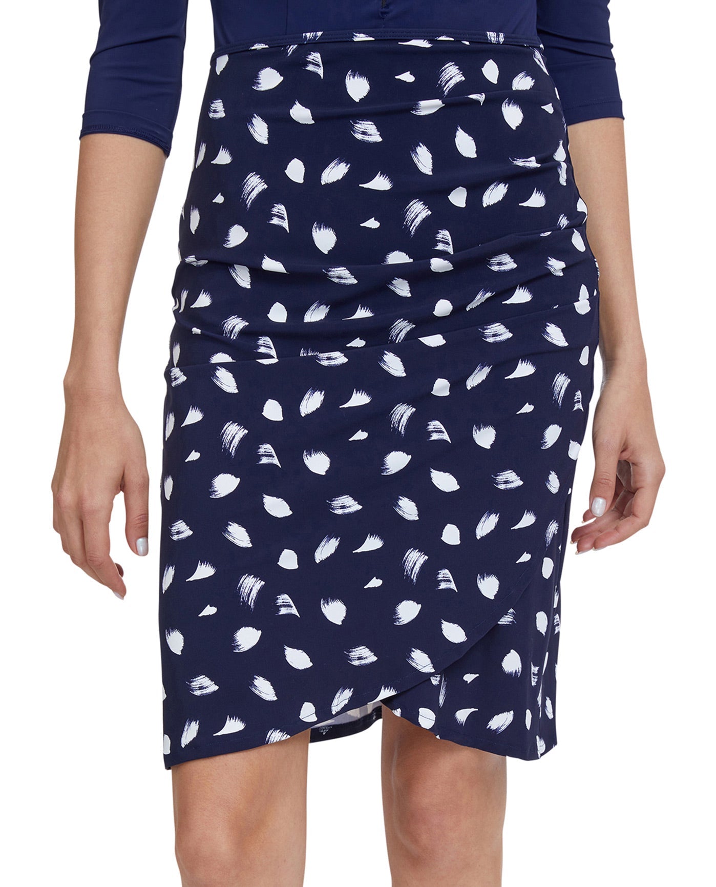 Front View Of Gottex Modest A-Line Surplice Skirt | GOTTEX MODEST NAVY AND WHITE