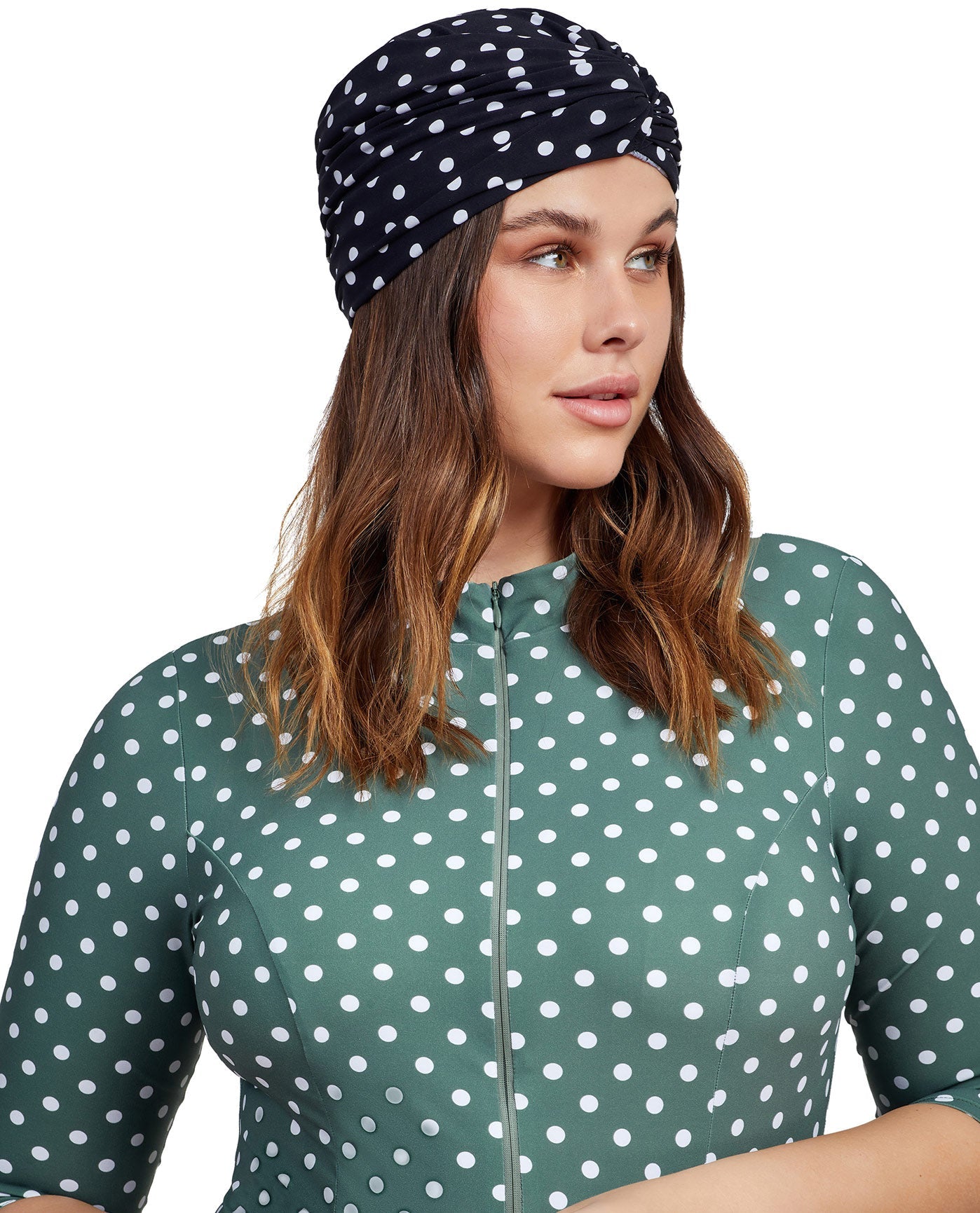 Front View Of Gottex Modest Knotted Hair Covering | GOTTEX MODEST BLACK AND WHITE DOTS