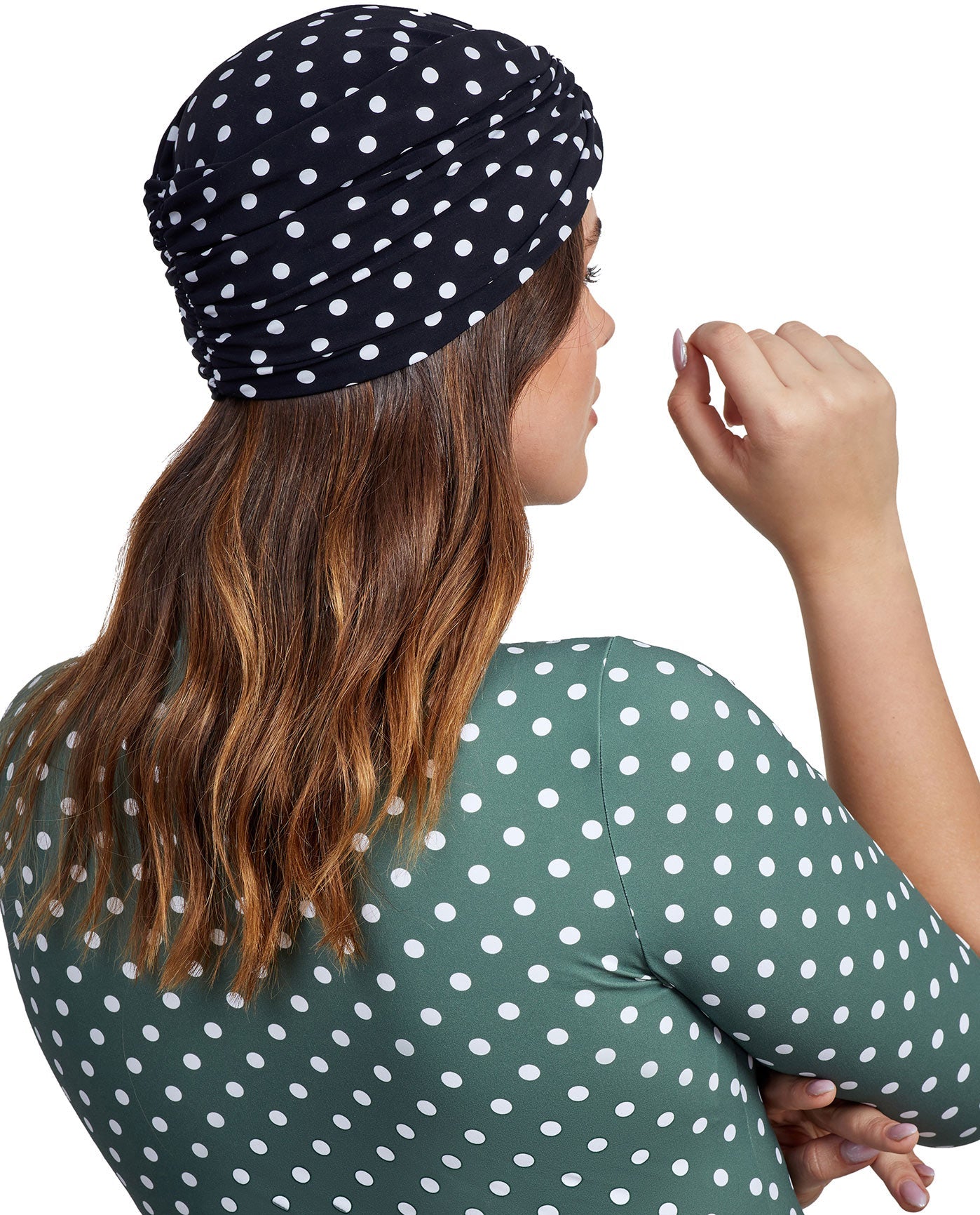 Back View Of Gottex Modest Knotted Hair Covering | GOTTEX MODEST BLACK AND WHITE DOTS