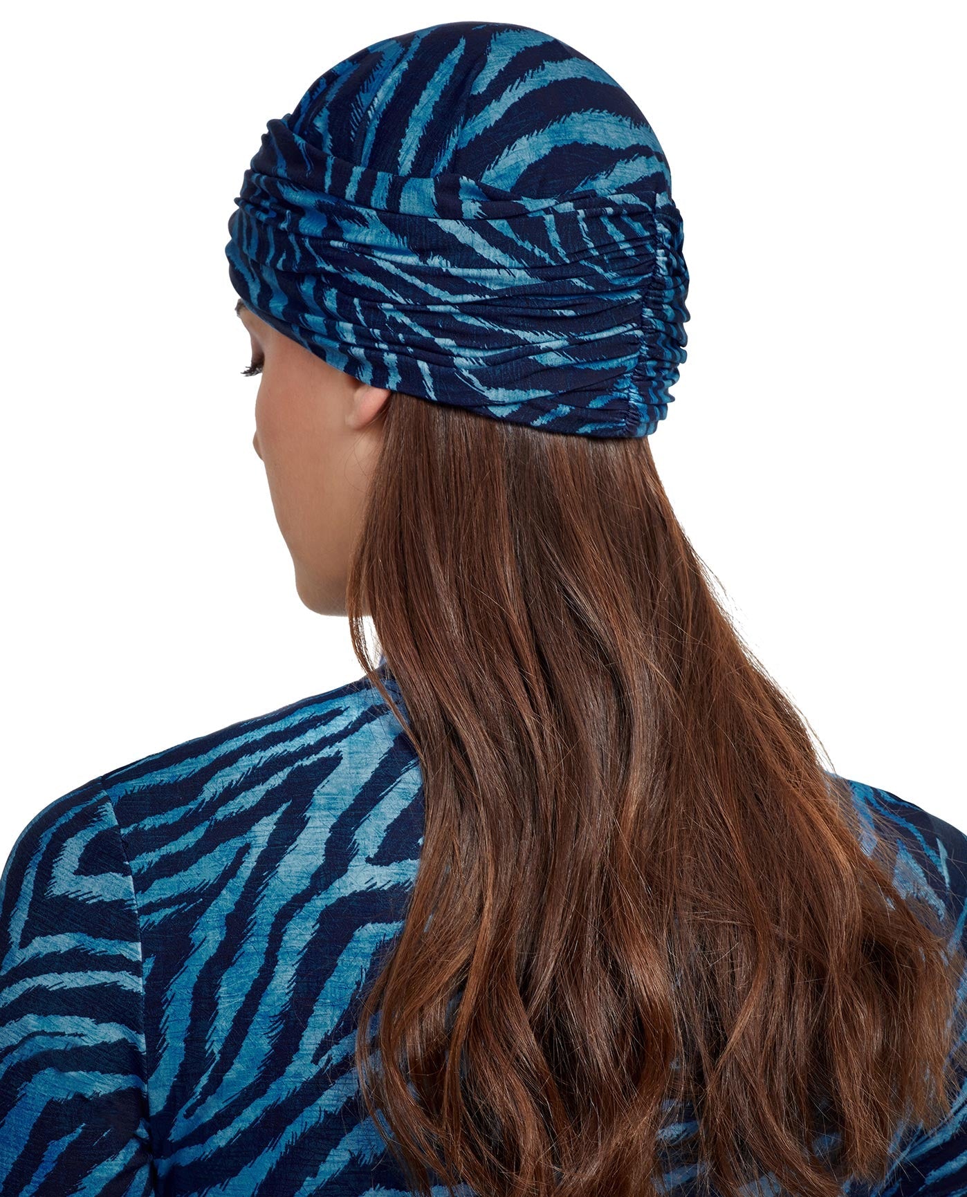 Back View Of Gottex Modest Knotted Hair Covering | GOTTEX MODEST WILDLIFE BLUE