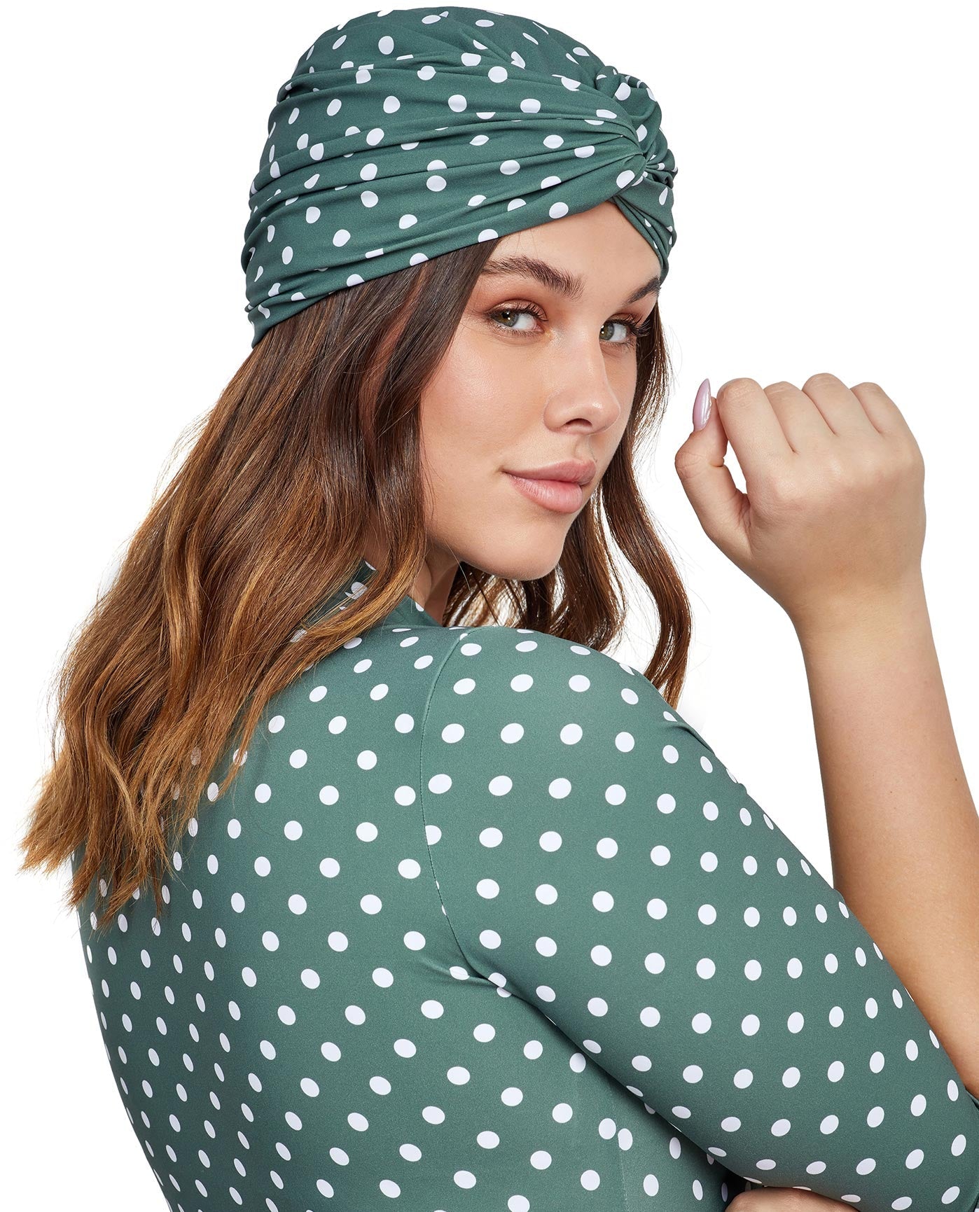 Front View Of Gottex Modest Knotted Hair Covering | GOTTEX GREEN AND WHITE DOT