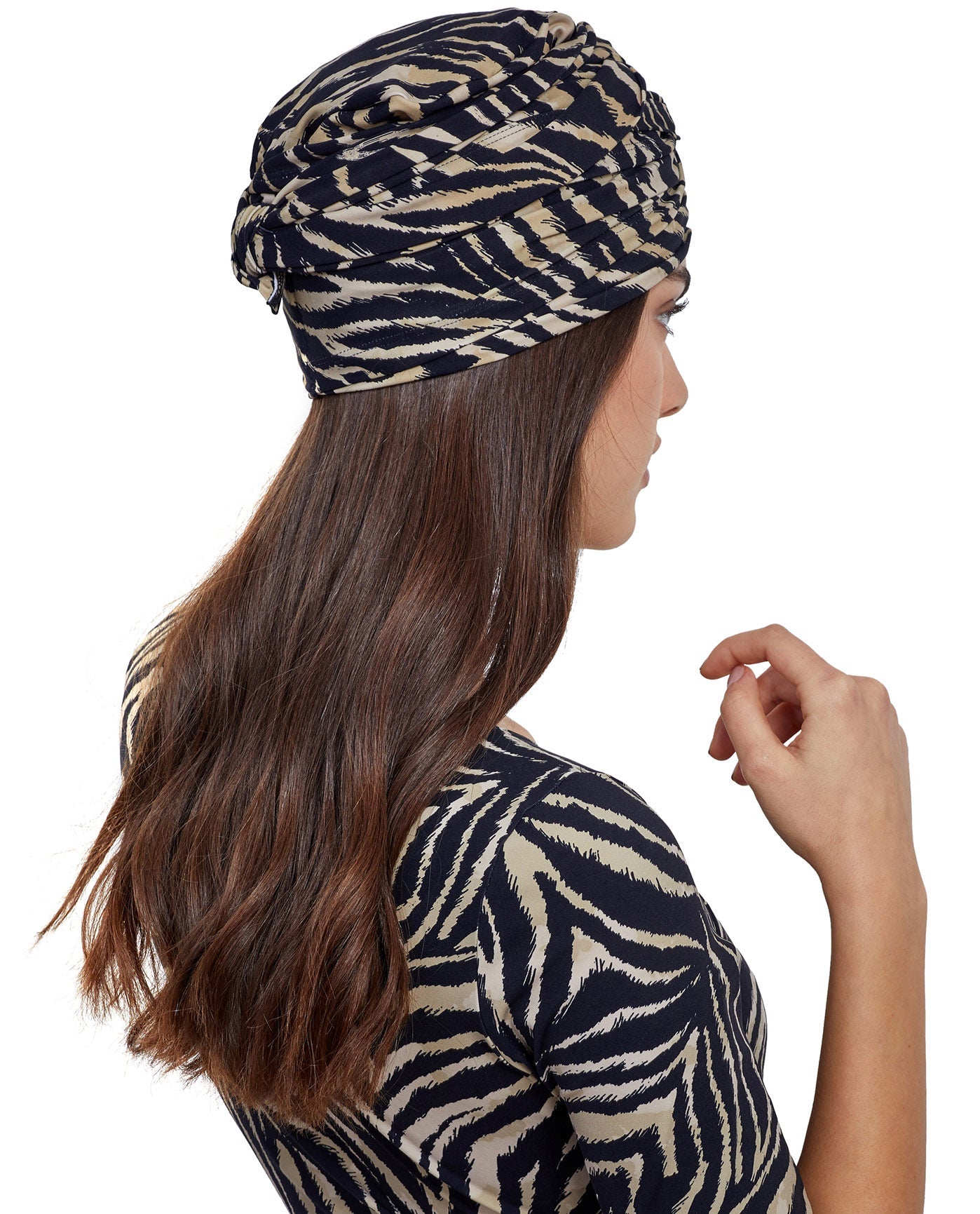 Back View Of Gottex Modest Hair Covering With Tie | GOTTEX MODEST WILDLIFE BROWN
