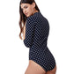 Back View Of Gottex Modest High Neck Long Sleeve One Piece Swimsuit | GOTTEX MODEST BLACK AND WHITE DOTS
