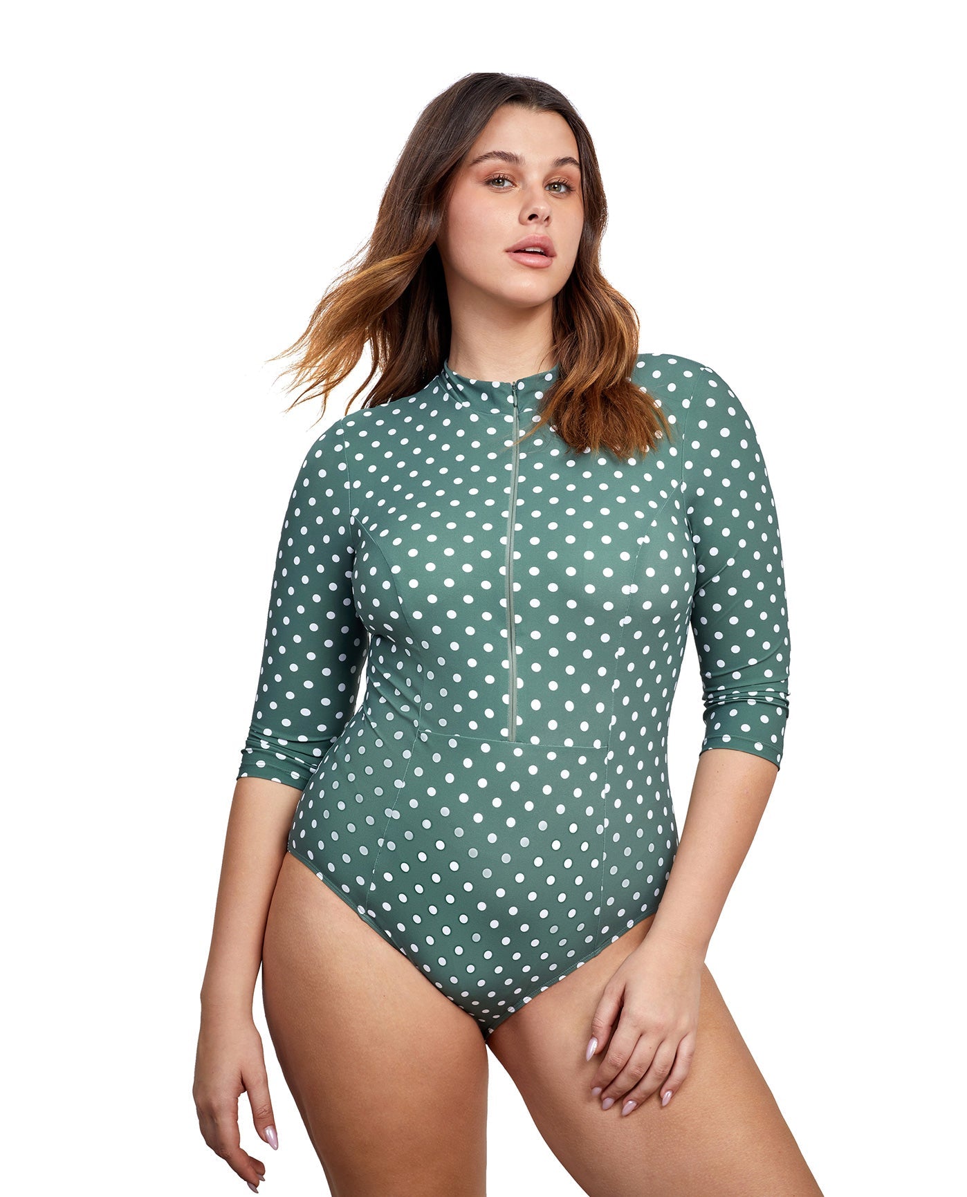 Front View Of Gottex Modest High Neck Long Sleeve One Piece Swimsuit | GOTTEX MODEST GREEN AND WHITE DOTS