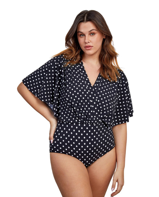 Front View Of Gottex Modest V-Neck Wide Sleeve One Piece Swimsuit | GOTTEX MODEST BLACK AND WHITE DOTS