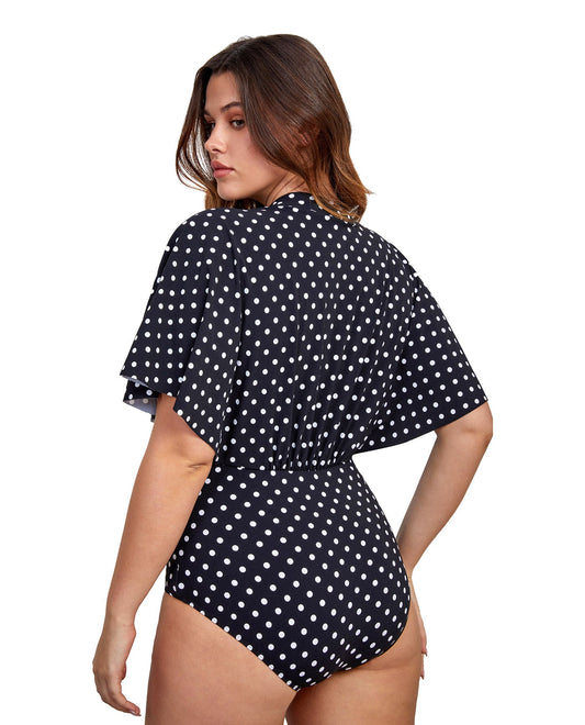 Back View Of Gottex Modest V-Neck Wide Sleeve One Piece Swimsuit | GOTTEX MODEST BLACK AND WHITE DOTS