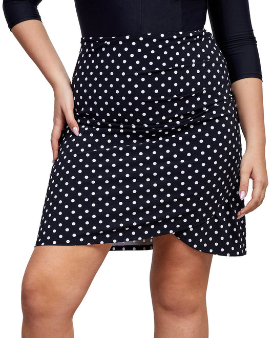 Front View Of Gottex Modest A-Line Surplice Skirt | GOTTEX MODEST BLACK AND WHITE DOTS