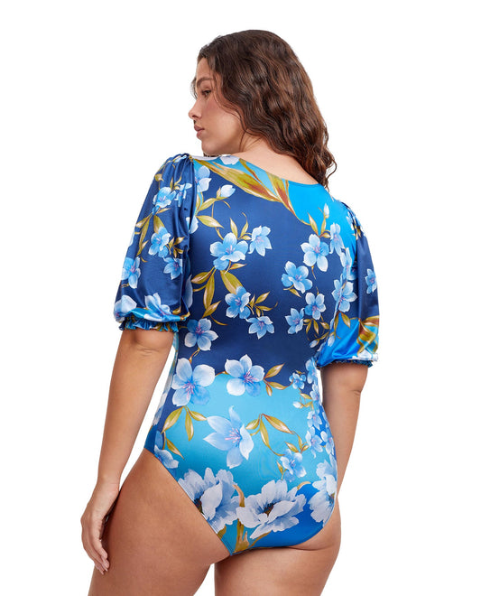 Back View Of Gottex Modest Puff Sleeve High Neck One Piece Swimsuit | GOTTEX MODEST BELLA ROSE BLUE