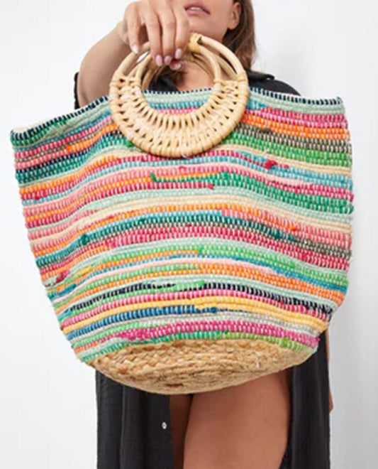 Alternate Front View Of Gottex Handled Straw Bag | GOTTEX MULTICOLOR STRIPES