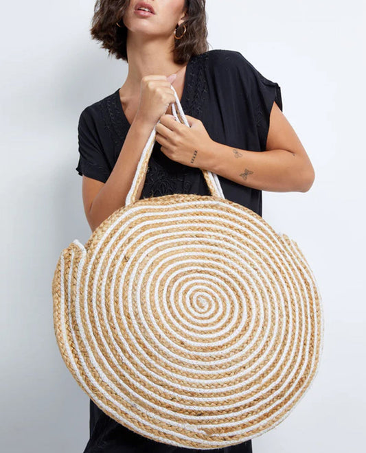 Front View Of Gottex Large Round Bag | GOTTEX NATURAL WITH WHITE SPIRAL
