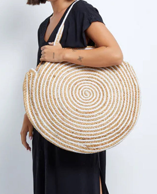 Alternate Front View Of Gottex Large Round Bag | GOTTEX NATURAL WITH WHITE SPIRAL