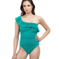 Front View Of Profile By Gottex Pleat It Ruffle One Shoulder One Piece Swimsuit | PROFILE PLEAT IT TEAL
