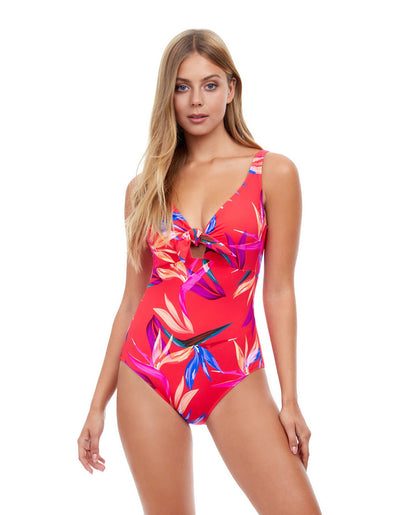 Front View Of Profile By Gottex Paradise Tie Front V-Neck Surplice One Piece Swimsuit | PROFILE PARADISE CORAL RED