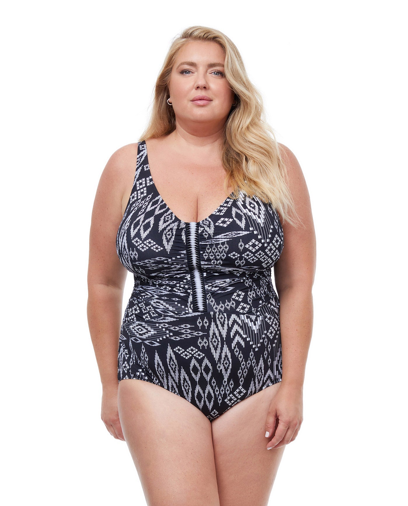 Front View Of Profile By Gottex Peruvian Nights Plus Size V-Neck One Piece Swimsuit | PROFILE PERUVIAN NIGHTS