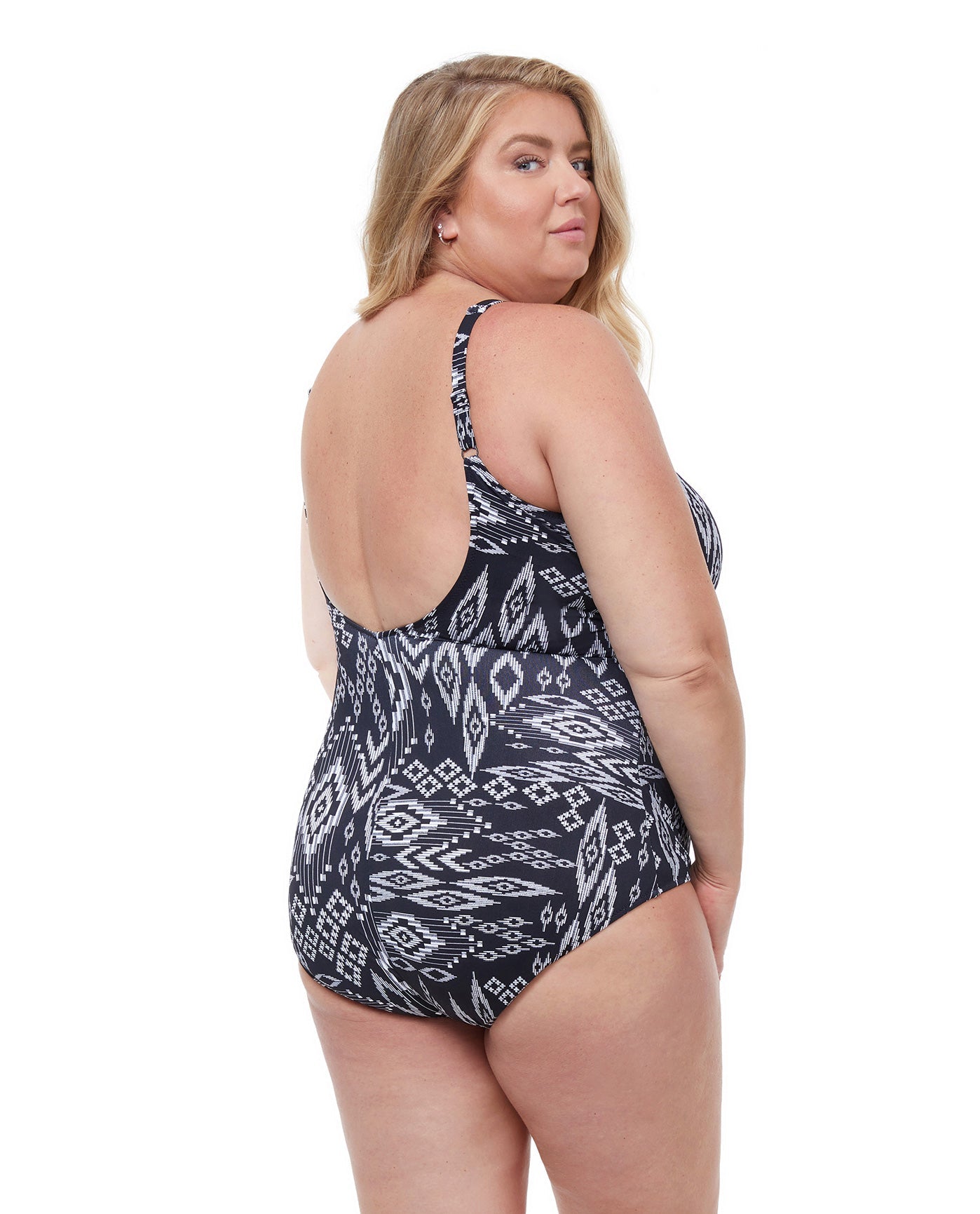 Back View Of Profile By Gottex Peruvian Nights Plus Size V-Neck One Piece Swimsuit | PROFILE PERUVIAN NIGHTS