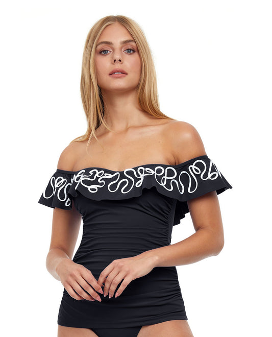 Front View Of Profile By Gottex Free Spirit Off The Shoulder Shirred Tankini Top | PROFILE FREE SPIRIT BLACK