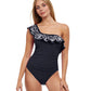 Front View Of Profile By Gottex Free Spirit Ruffle One Shoulder One Piece Swimsuit | PROFILE FREE SPIRIT BLACK