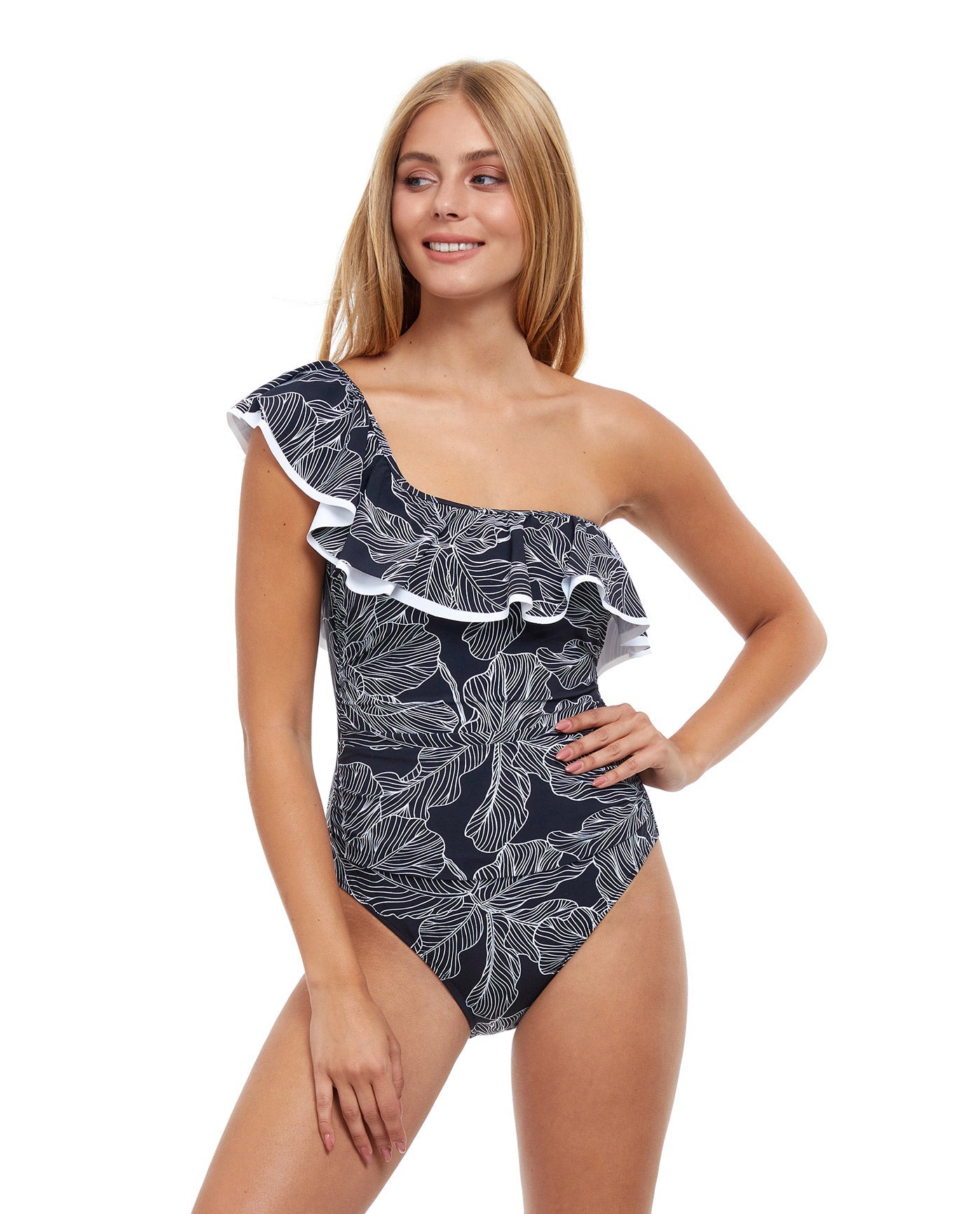 Front View Of Profile By Gottex Soiree Ruffle One Shoulder One Piece Swimsuit | PROFILE SOIREE