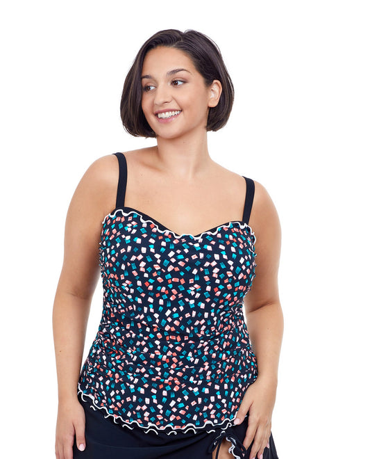 Front View Of Profile By Gottex Gin Fizz Plus Size Shirred Underwire Tankini Top | PROFILE GIN FIZZ BLACK