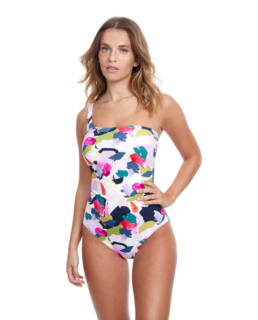 Front View Of Profile By Gottex Canvas Ruffle One Shoulder One Piece Swimsuit | PROFILE CANVAS