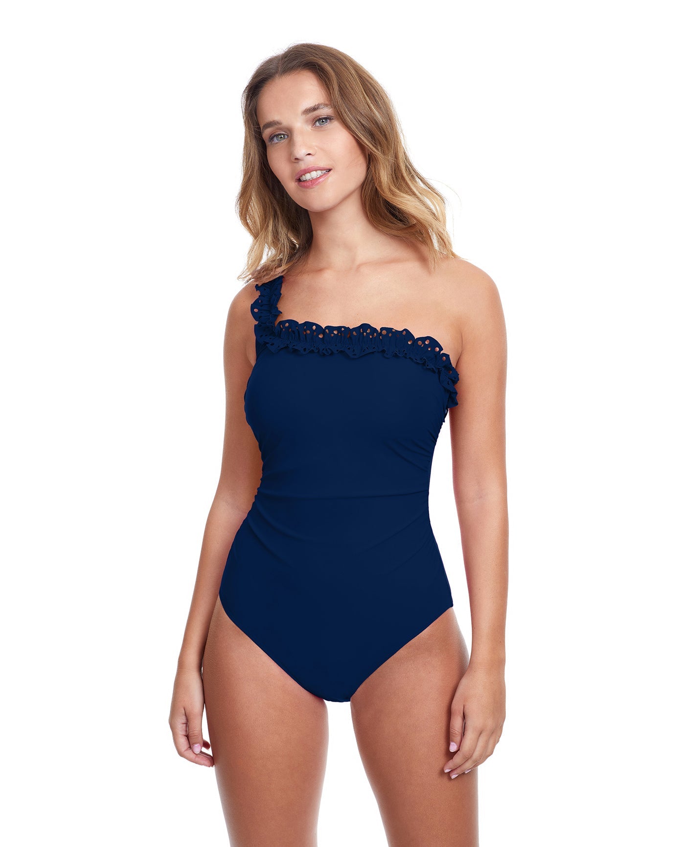 Front View Of Profile By Gottex Hula Dance Ruffle One Shoulder One Piece Swimsuit | PROFILE HULA DANCE NAVY