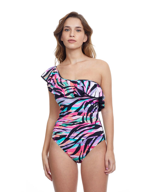 Front View Of Profile By Gottex Wild Parade Ruffle One Shoulder One Piece Swimsuit | PROFILE WILD PARADE