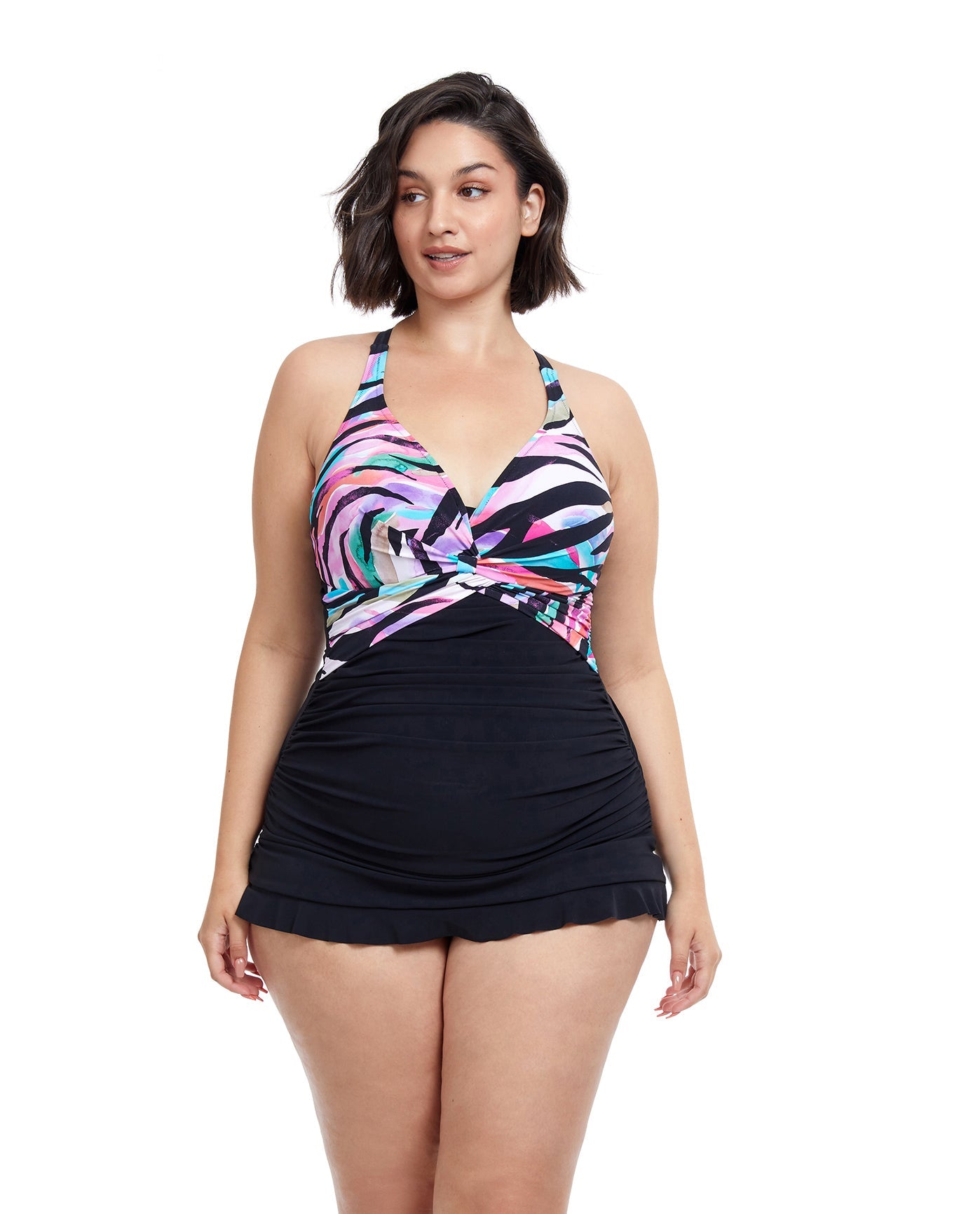 Front View Of Profile By Gottex Wild Parade Plus Size Underwire Halter Swimdress | PROFILE WILD PARADE