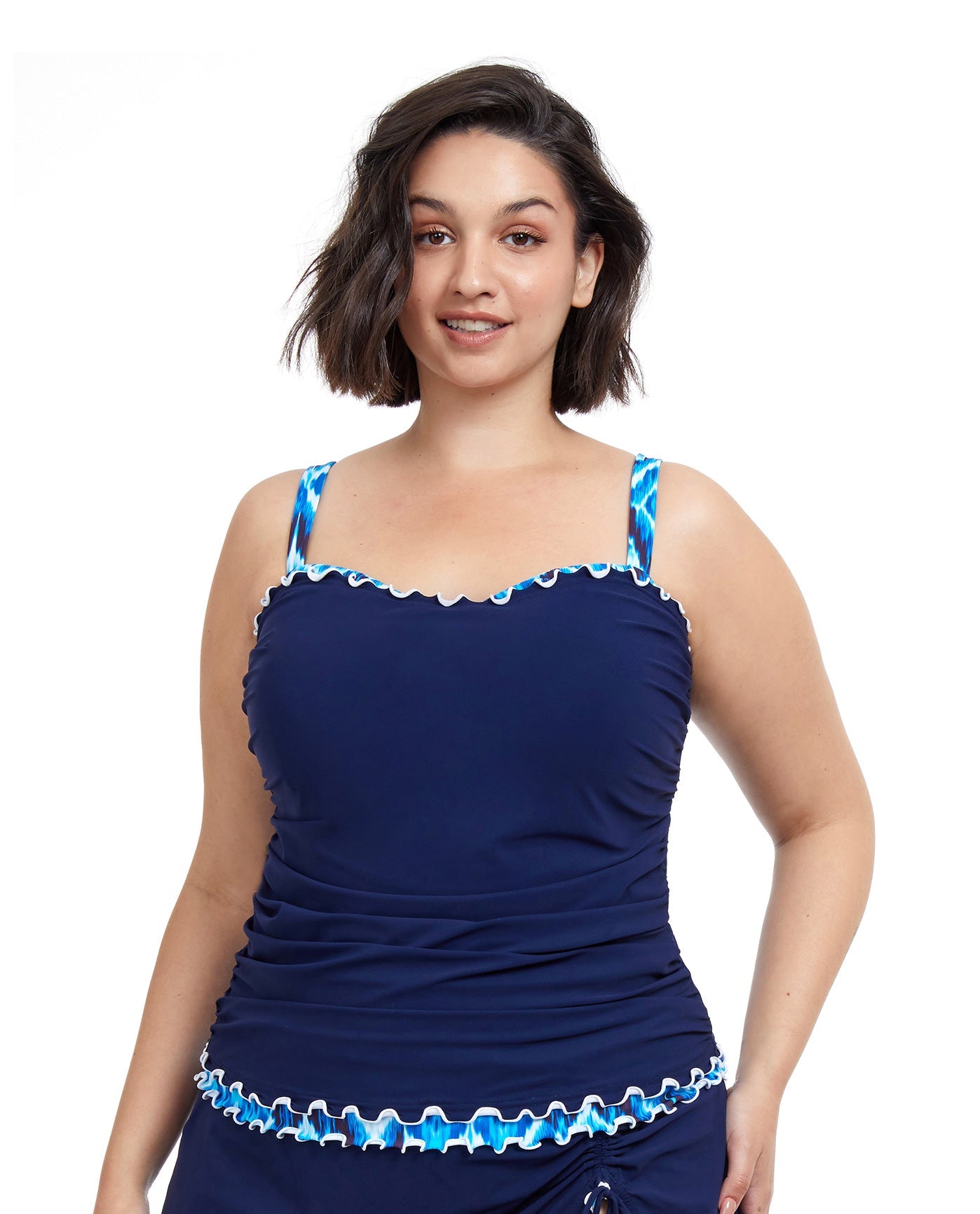 Front View Of Profile By Gottex Ocean Blues Plus Size Shirred Underwire Tankini Top | PROFILE OCEAN BLUES NAVY