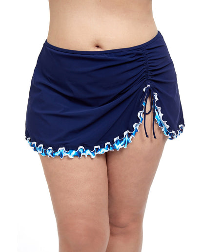 Front View Of Profile By Gottex Ocean Blues Plus Size Side Slit Cinch Swim Skirt | PROFILE OCEAN BLUES NAVY