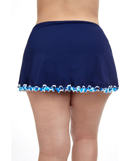 Back View Of Profile By Gottex Ocean Blues Plus Size Side Slit Cinch Swim Skirt | PROFILE OCEAN BLUES NAVY