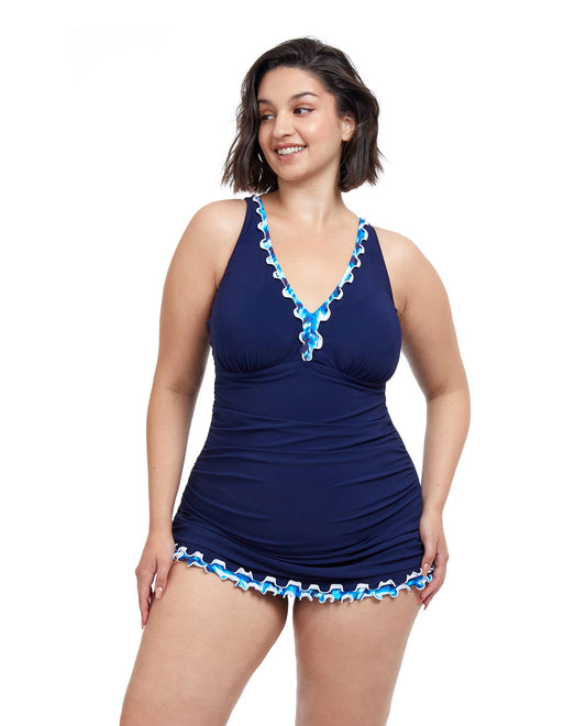 Front View Of Profile By Gottex Ocean Blues Plus Size V-Neck Swimdress | PROFILE OCEAN BLUES NAVY