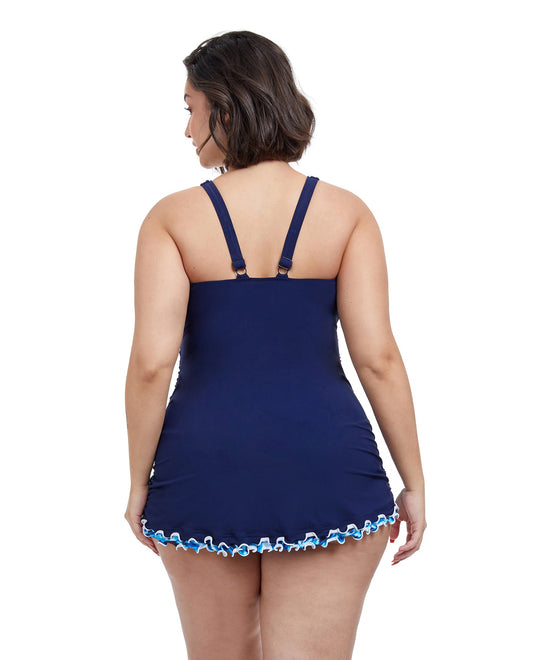 Back View Of Profile By Gottex Ocean Blues Plus Size V-Neck Swimdress | PROFILE OCEAN BLUES NAVY