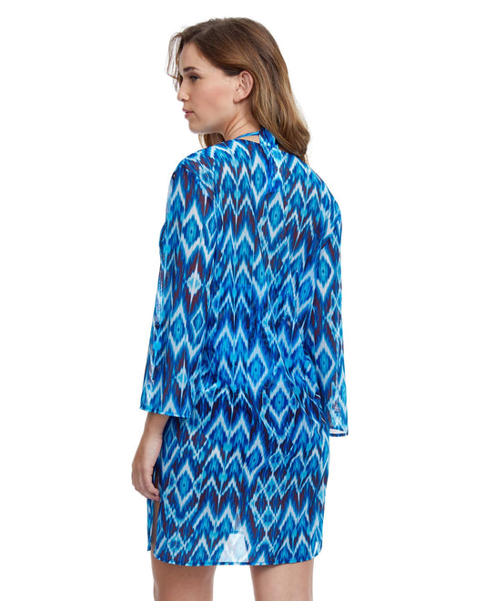 Back View Of Profile By Gottex Ocean Blues V-Neck Button Up Long Sleeve Mesh Tunic | PROFILE OCEAN BLUES BLUE