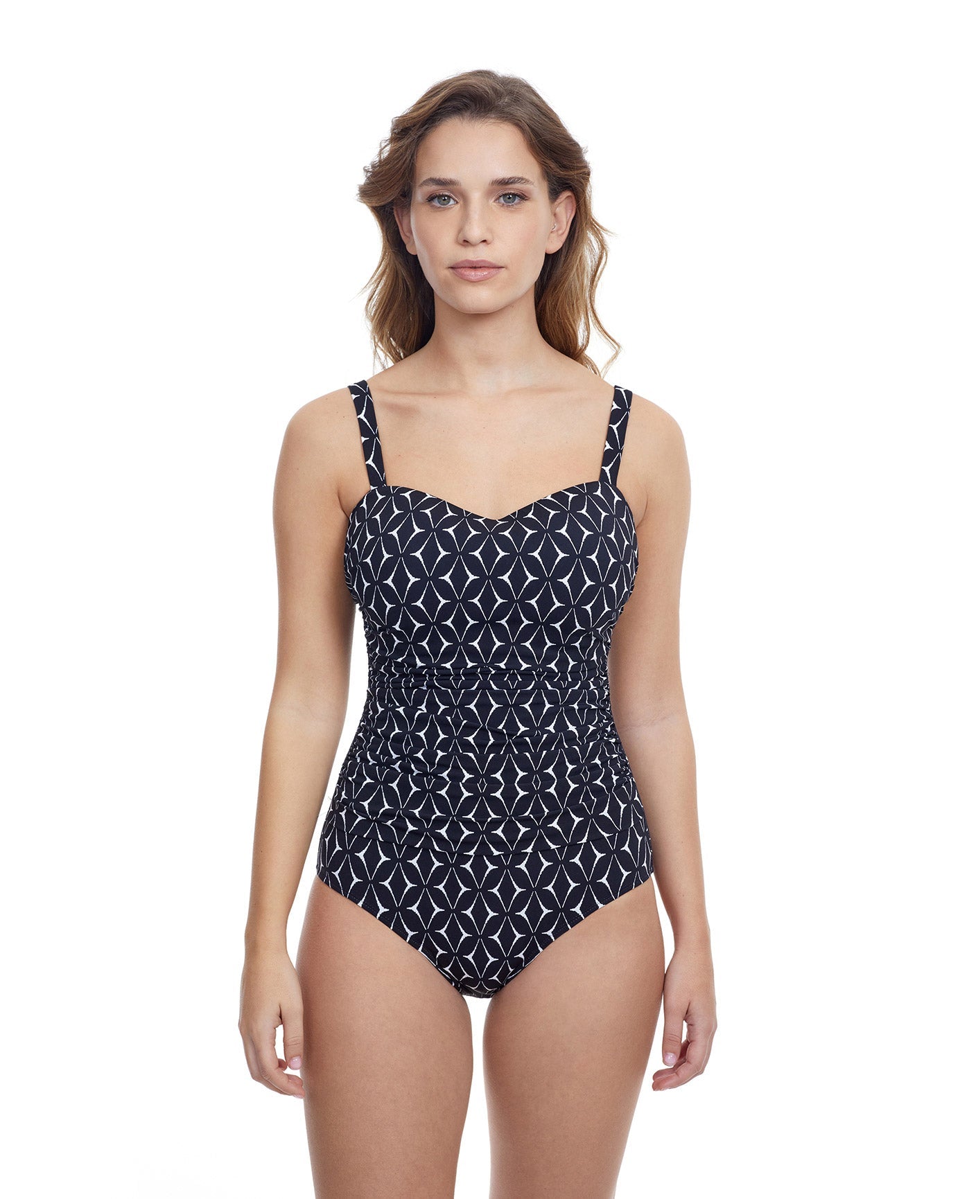 Front View Of Profile By Gottex Supreme D-Cup Scoop Neck Shirred Underwire One Piece Swimsuit | PROFILE SUPREME BLACK AND WHITE