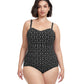 Front View Of Profile By Gottex Supreme Plus Size Scoop Neck Shirred Underwire One Piece Swimsuit | PROFILE SUPREME BLACK AND WHITE
