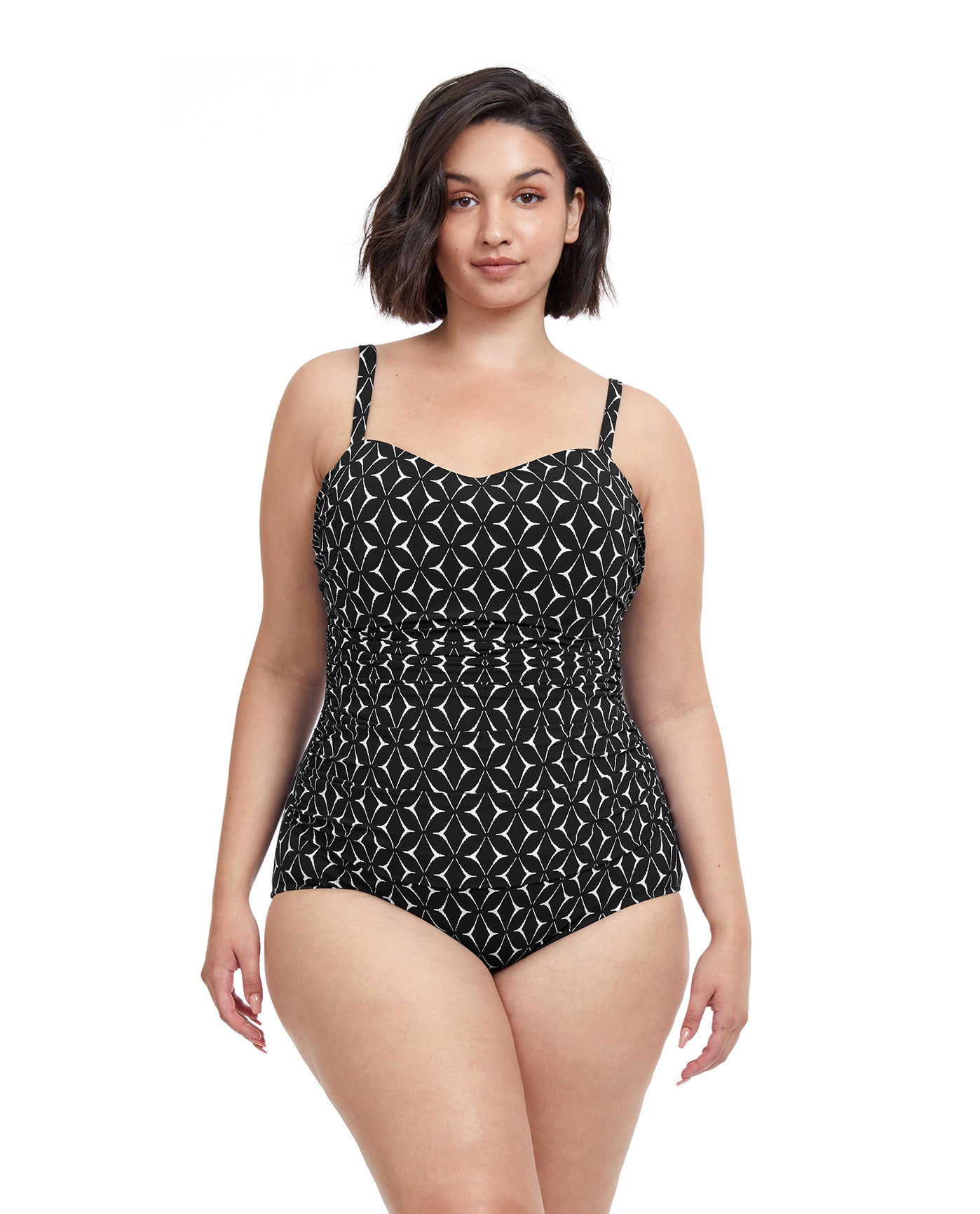 Front View Of Profile By Gottex Supreme Plus Size Scoop Neck Shirred Underwire One Piece Swimsuit | PROFILE SUPREME BLACK AND WHITE
