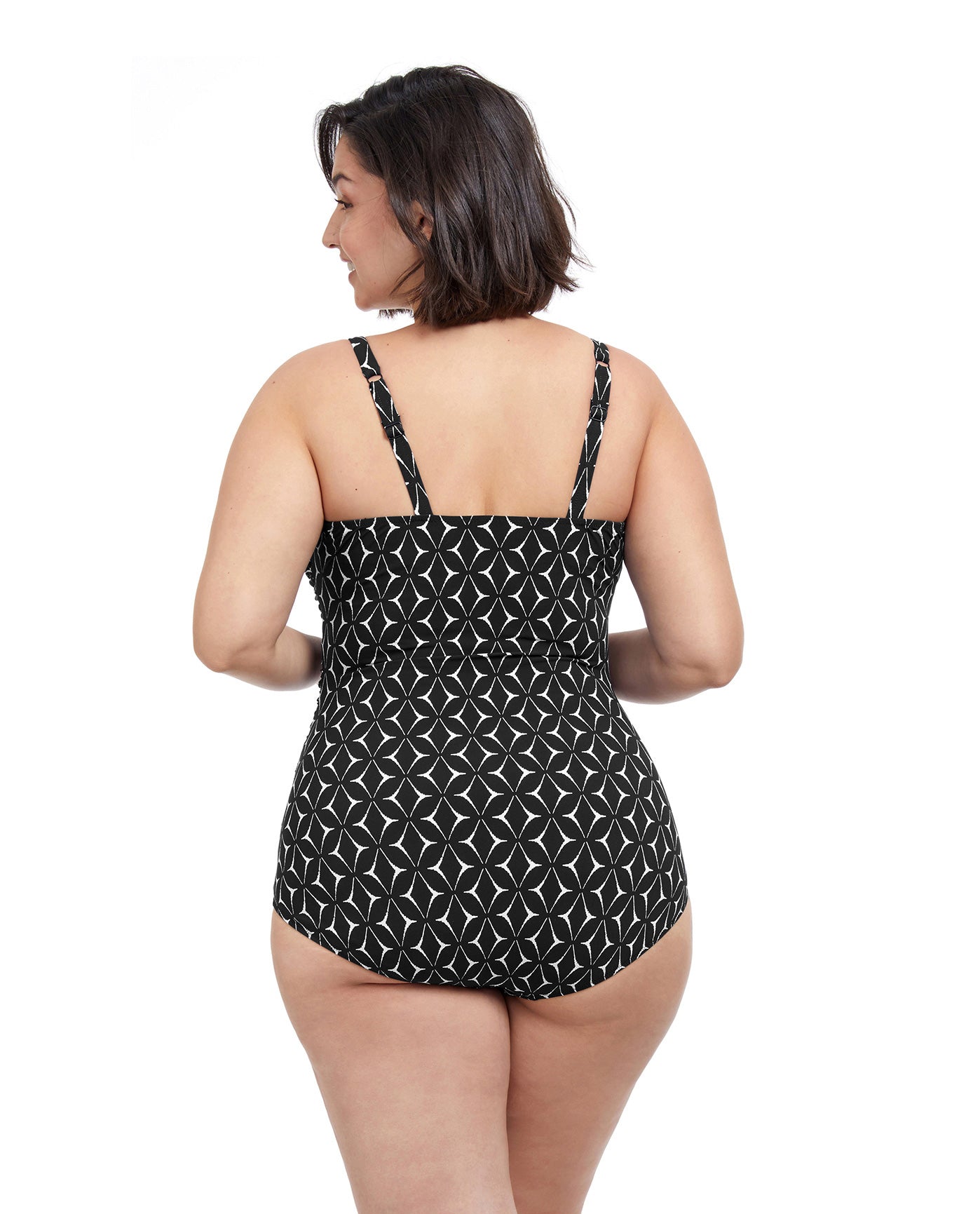 Back View Of Profile By Gottex Supreme Plus Size Scoop Neck Shirred Underwire One Piece Swimsuit | PROFILE SUPREME BLACK AND WHITE