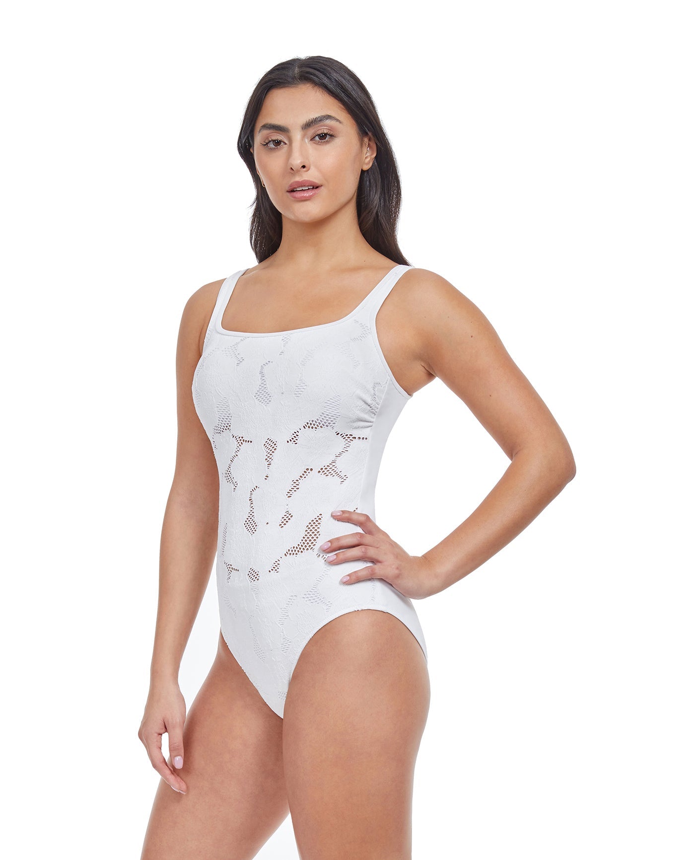 Side View Of Profile By Gottex Late Bloomer Round Neck One Piece Swimsuit | PROFILE LATE BLOOMER WHITE