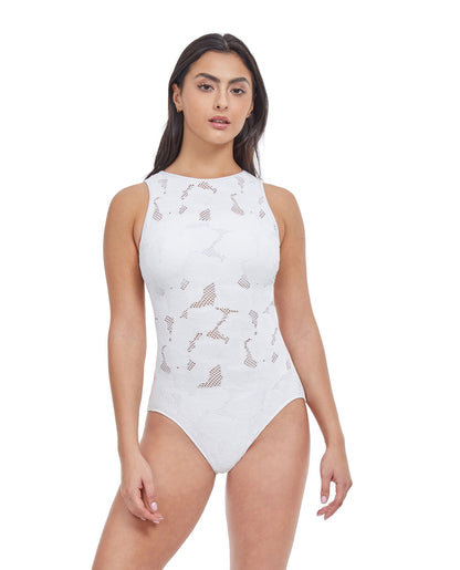 Front View Of Profile By Gottex Late Bloomer High Neck One Piece Swimsuit | PROFILE LATE BLOOMER WHITE