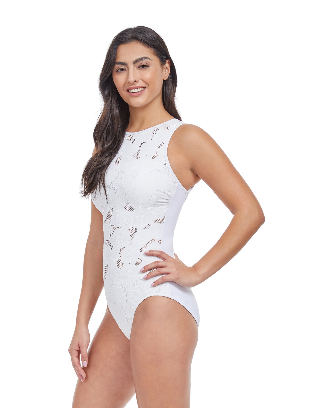 Side View Of Profile By Gottex Late Bloomer High Neck One Piece Swimsuit | PROFILE LATE BLOOMER WHITE