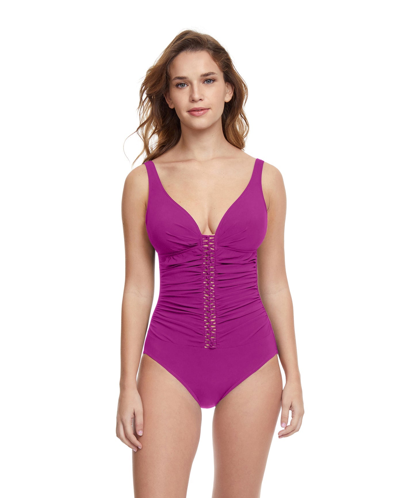 Front View Of Profile By Gottex The Twist D-Cup V-Neck Shirred One Piece Swimsuit | PROFILE THE TWIST WARM VIOLET