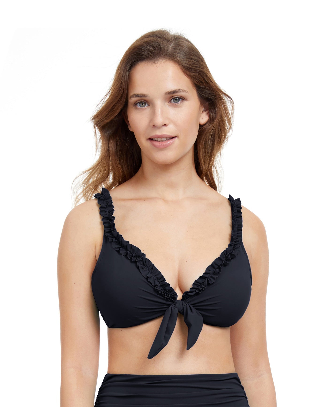 Front View Of Profile By Gottex Frill Me Tie Front Bikini Top | PROFILE FRILL ME BLACK