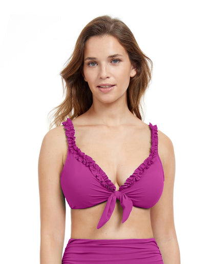 Front View Of Profile By Gottex Frill Me Tie Front Bikini Top | PROFILE FRILL ME WARM VIOLET