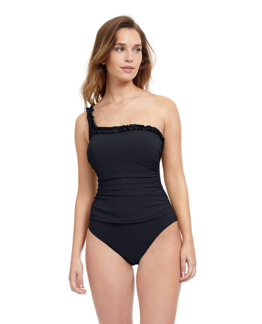Front View Of Profile By Gottex Frill Me Ruffle One Shoulder One Piece Swimsuit | PROFILE FRILL ME BLACK