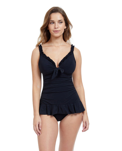 Front View Of Profile By Gottex Frill Me Tie Front V-Neck Swimdress | PROFILE FRILL ME BLACK