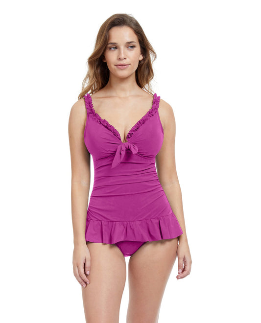 Front View Of Profile By Gottex Frill Me Tie Front V-Neck Swimdress | PROFILE FRILL ME WARM VIOLET