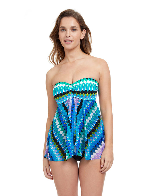Front View Of Profile By Gottex Moroccan Escape Bandeau Strapless Flyaway One Piece Swimsuit | PROFILE MOROCCAN ESCAPE BLUE