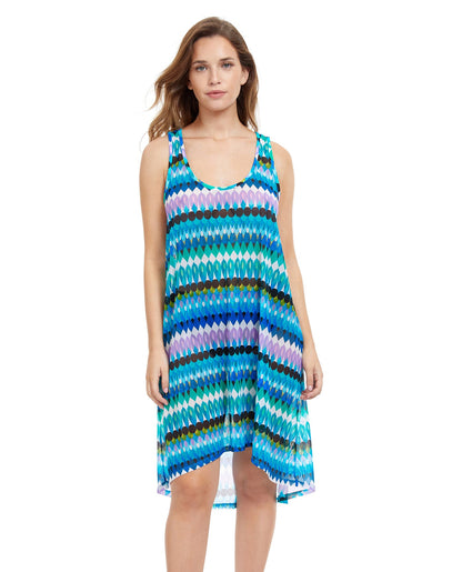 Front View Of Profile By Gottex Moroccan Escape High Low Mesh Beach Dress Cover Up | PROFILE MOROCCAN ESCAPE BLUE