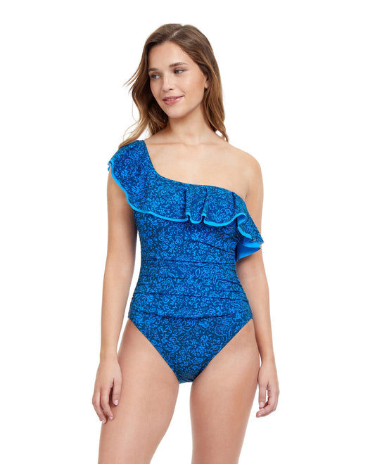 Front View Of Profile By Gottex Mehndi Ruffle One Shoulder One Piece Swimsuit | PROFILE MEHNDI