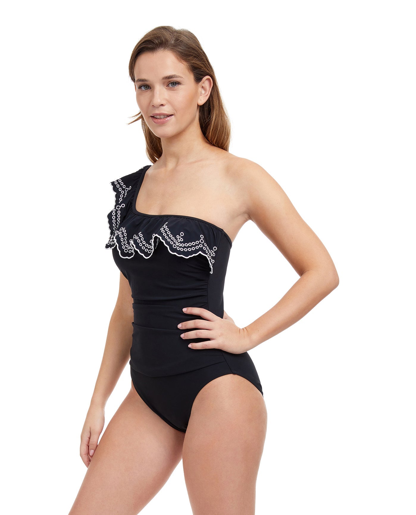 Side View Of Profile By Gottex Lola Ruffle One Shoulder One Piece Swimsuit | PROFILE LOLA